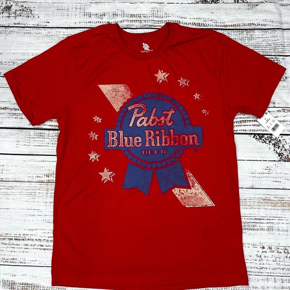 Pabst Blue Ribbon PBR Beer T Shirt Mens M Red Patriotic Stars Graphic NWT